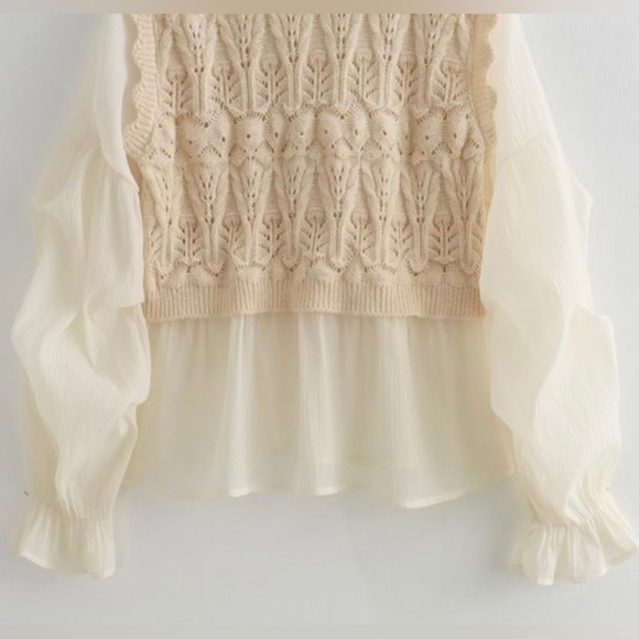 Ava Solid Long Sleeve Crochet Sweater In Beige, brand new without tags - Picture 9 of 10